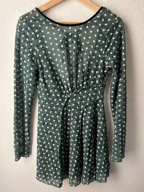 NWOT Free People Sheer Delight Lace Mini Dress Green Open Back Tie Boho Size M